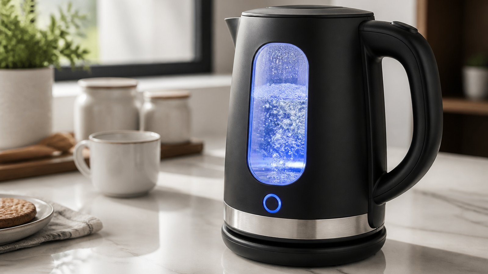 Borosilicate glass window and stainless accents on kettle