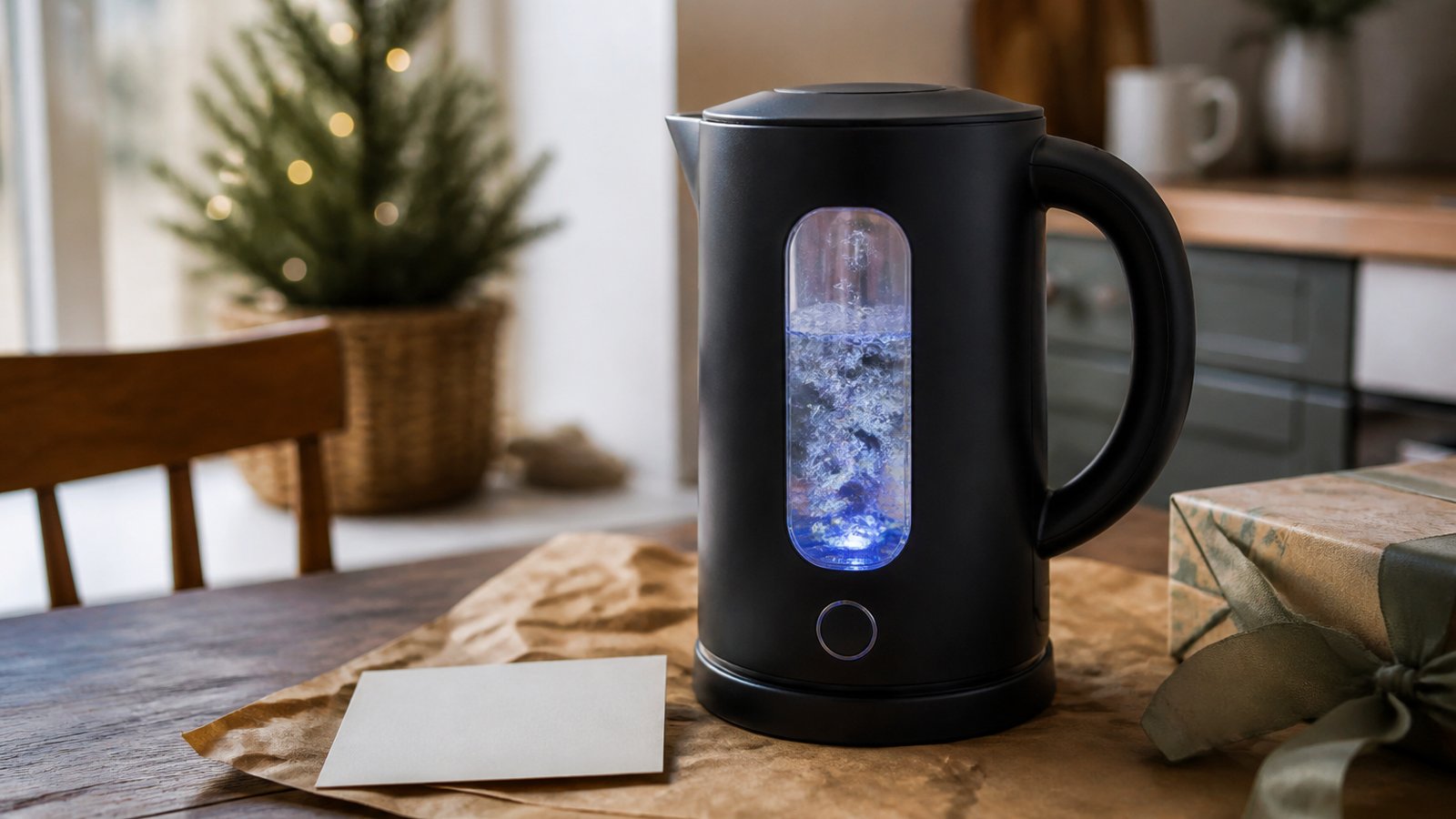 Matte-black glass kettle styled as a practical home gift