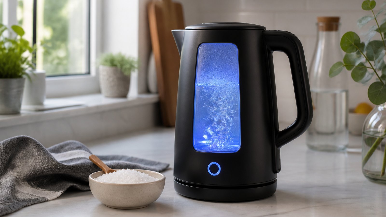 Glass-window kettle beside citric acid for hard-water care