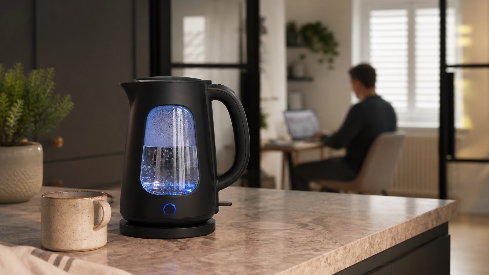 Quiet-boil glass kettle on an open-plan kitchen island