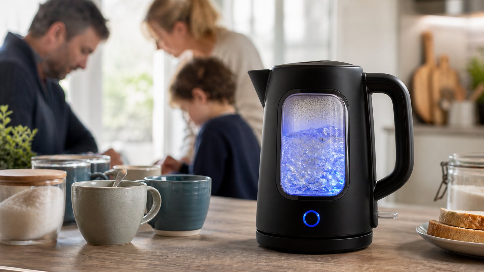 Blue-LED glass kettle ready for a family tea round