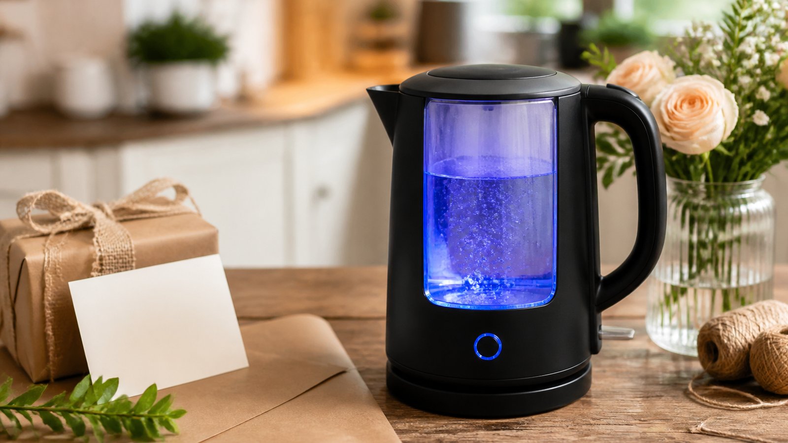 Matte-black glass kettle styled as a practical home gift