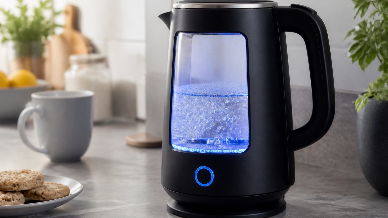 Borosilicate glass window and stainless accents on kettle