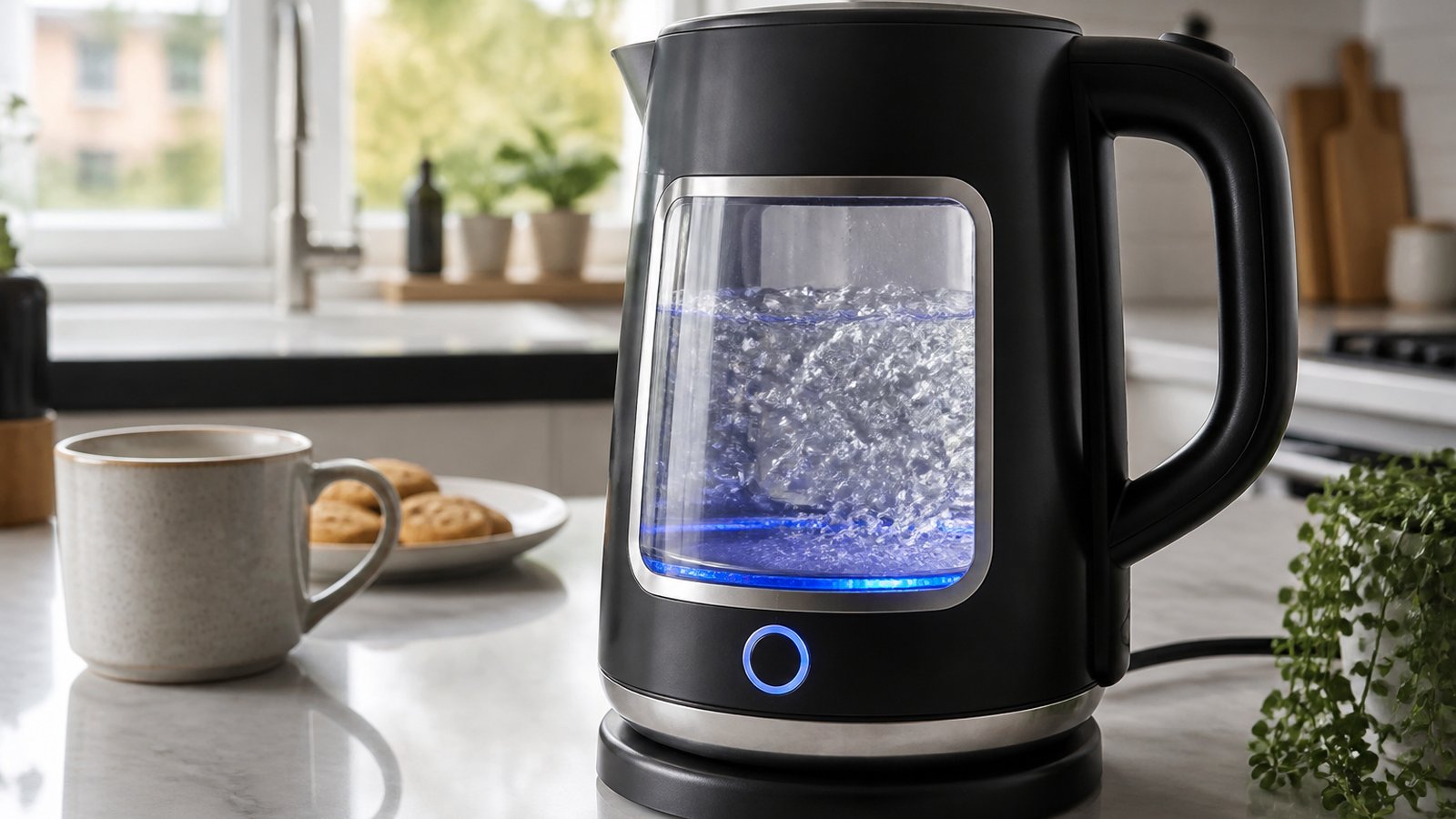 Borosilicate glass window and stainless accents on kettle