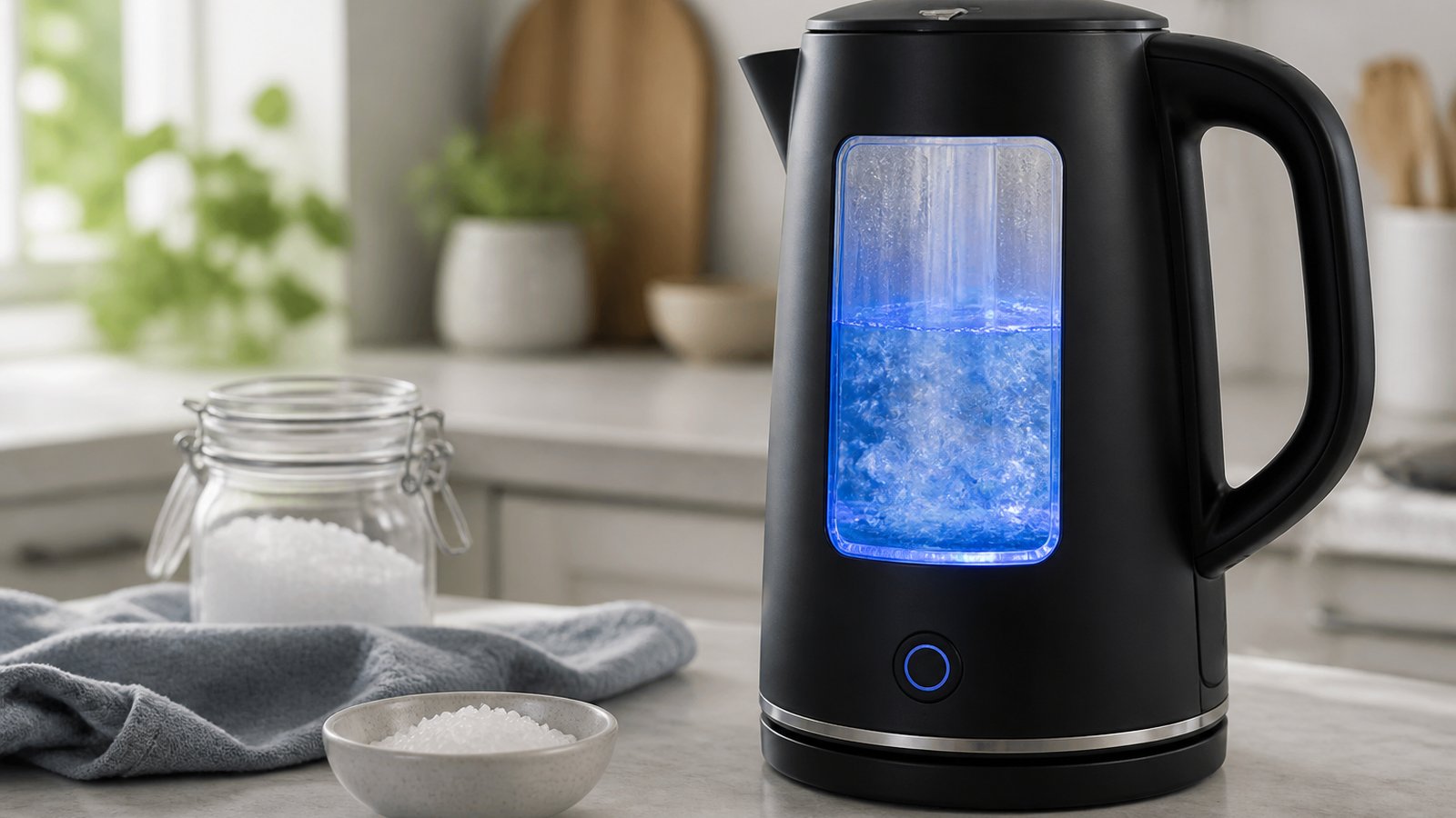 Glass-window kettle beside citric acid for hard-water care