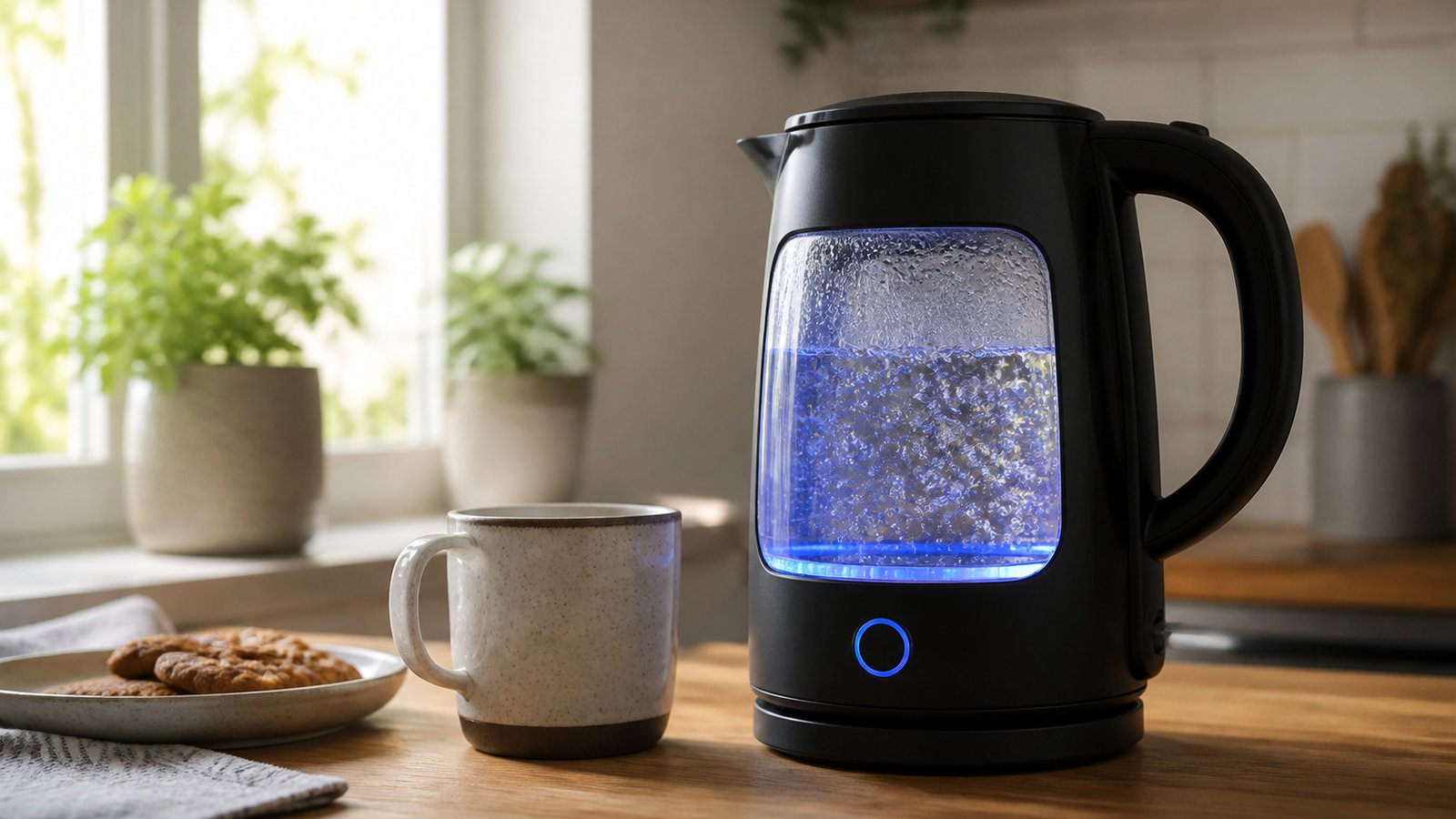 Glass kettle on base with soft keep-warm blue ring lit