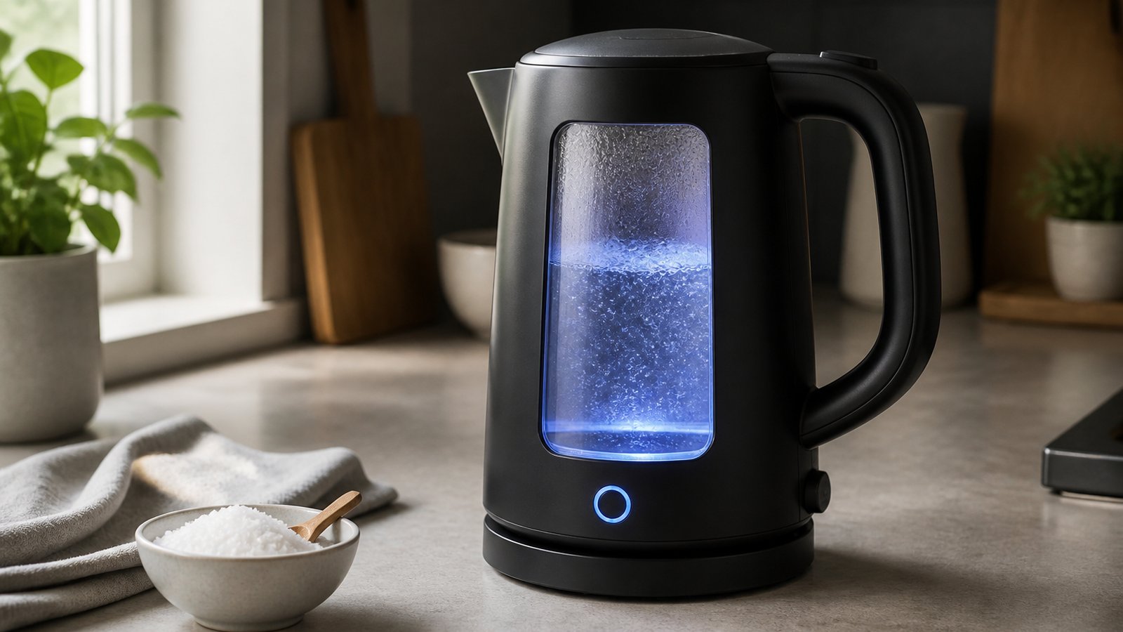 Glass-window kettle beside citric acid for hard-water care
