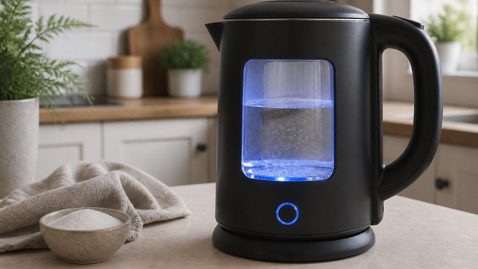 Glass-window kettle beside citric acid for hard-water care