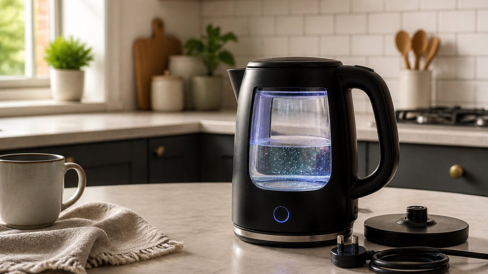 Matte-black borosilicate glass-window electric kettle